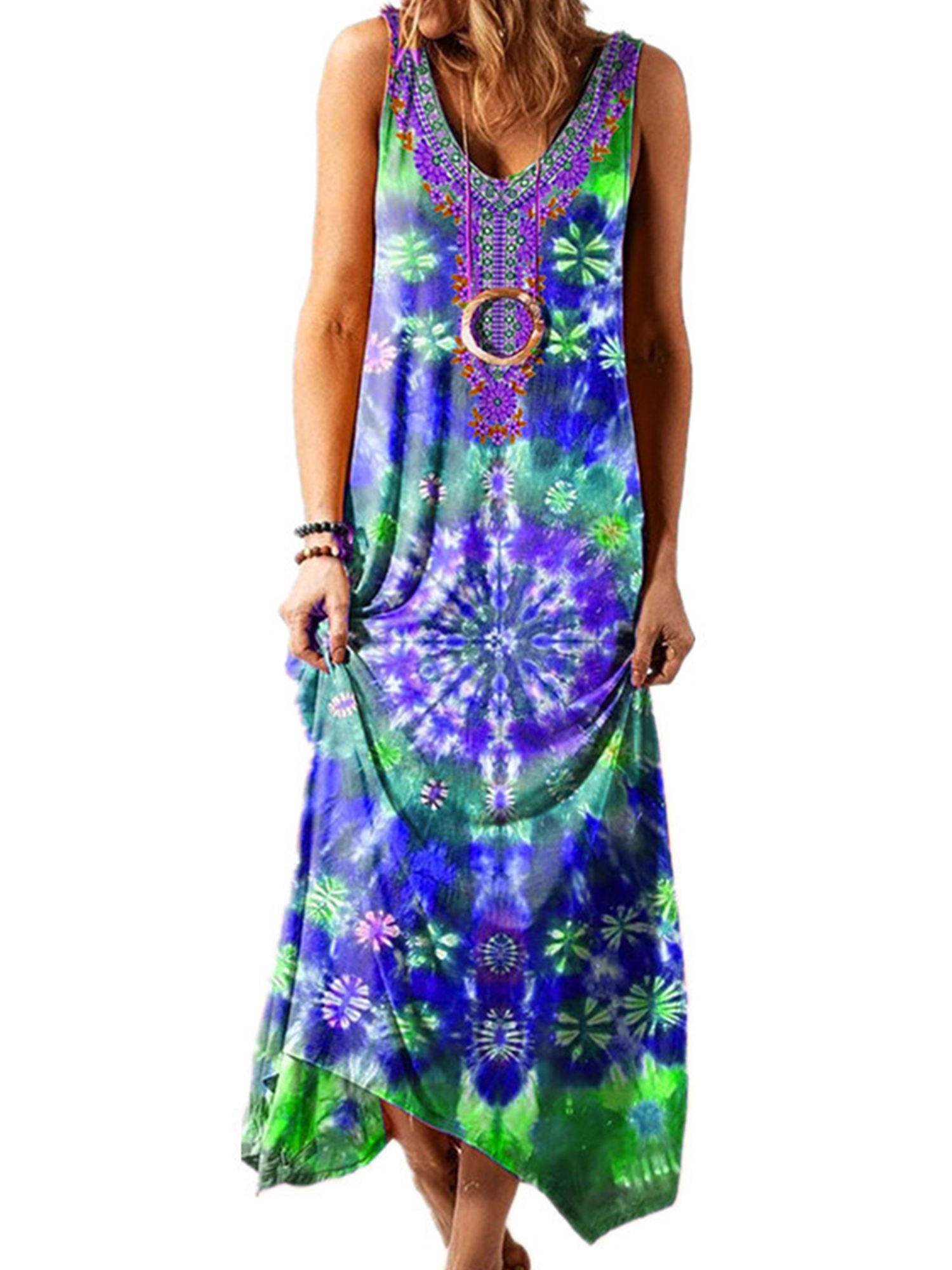 Innerwin Robe Longue à Col en V pour Femme, Robe d'Été de Plage, Boîte de Nuit, Teinture sur Nœuds, Bohème, Maxi, Bleu, 5TG