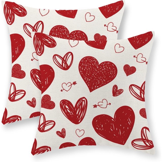 Housses de Coussin de la Saint-Valentin 18x18, Ensemble de 2, Décor Géométrique de Cœurs d'Amour Rouges, Coussins Décoratifs de la Saint-Valentin, Taie d'Oreiller Rouge Décorative pour la Fête des Mères, Taie de Coussin d'Extérieur pour Sofa et Canapé