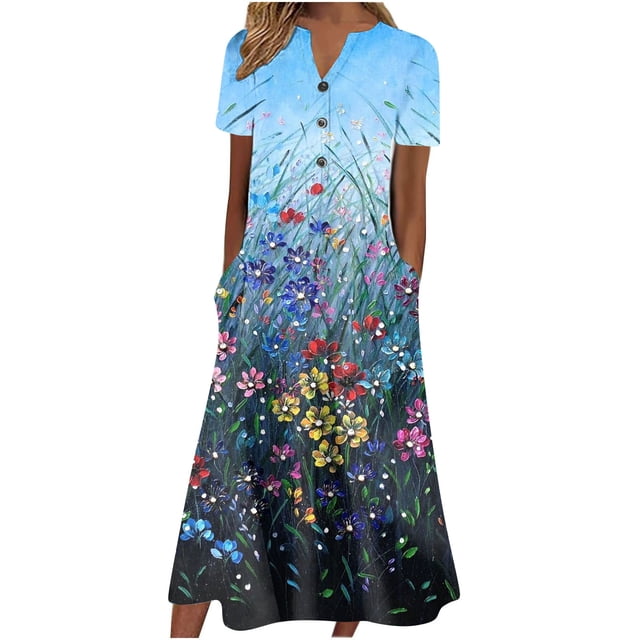 Cameland Robe d'Été pour Femme Décontractée à Col en V avec Boutons, Manches Courtes, Imprimée, Coupe Évasée, avec Poche