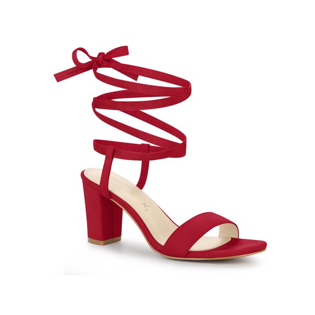 BLISSFUL STEP Sandales à Talons Hauts Blocs à Bout Ouvert à Lacets pour Femmes Rouge 7