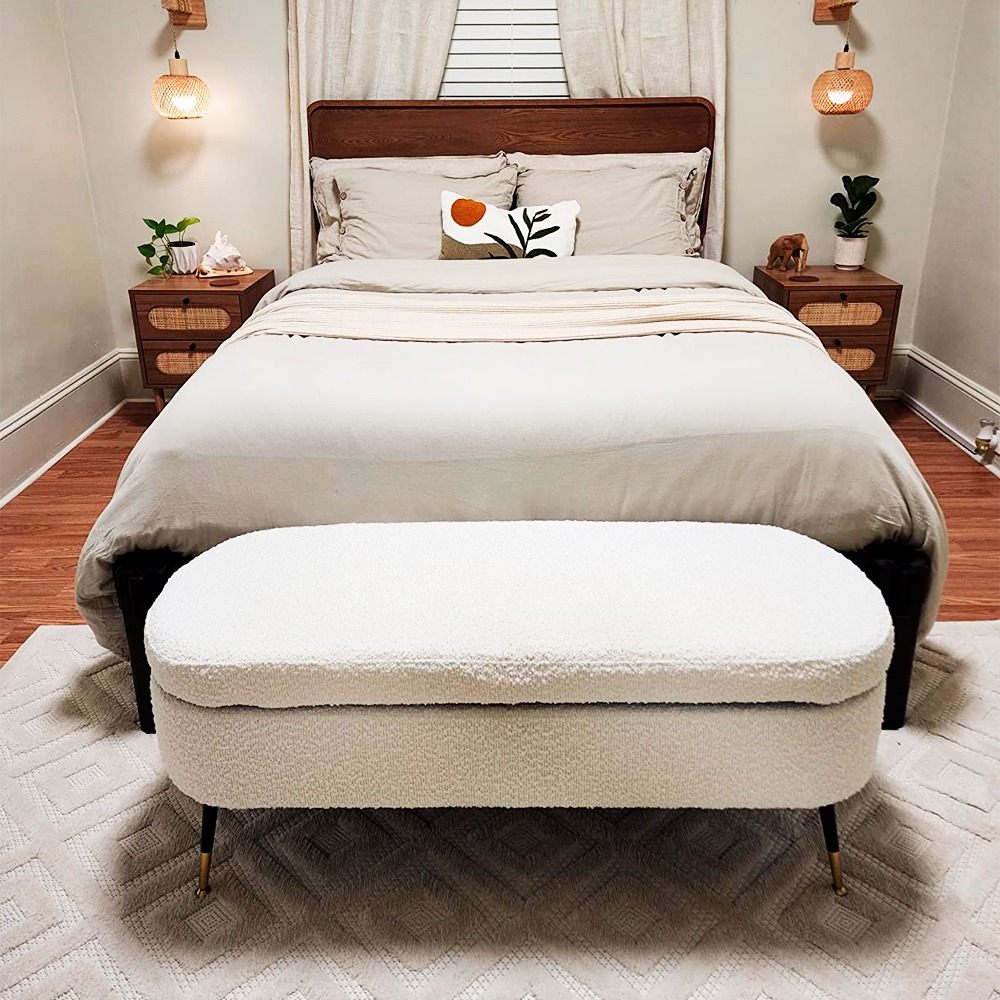 Heavenly Collection | Banc de rangement - Ottoman moderne bouclé avec rangement dissimulé et pieds en métal doré
