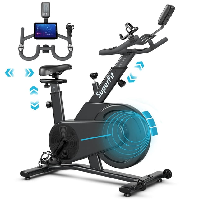 Costway Vélo d'Exercice Magnétique Vélo de Cyclisme Intérieur Stationnaire avec Siège et Poignée Ajustables pour Maison Bureau Gym. Ce Vélo d'Exercice Noir Présente un Volant d'Inertie à Résistance Magnétique de 22 Lb pour une Conduite Fluide et Silencieuse, un Cadre en Acier Robuste Pouvant Supporter jusqu'à 242 Lb, et un Moniteur LCD Affichant la Vitesse, le Temps, la distance, les calories Brûlées et l'Impulsion. le Siège et le Guidon Ajustables Accueillent les Utilisateurs de 4,9 Pi à 6,2 Pi, pendant Que la cage en Alliage d'Aluminium, les Pédales