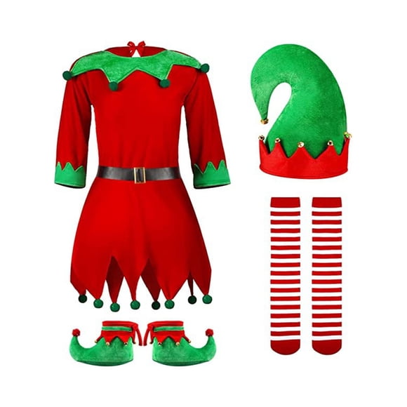 HOWPAY Christmas Elf Costume Women Long Sleeve Helper Casual Mini Dress with Hat Shoe Socks Cosplay Suits 6PCS Xmas Holiday Party Outfits Red L