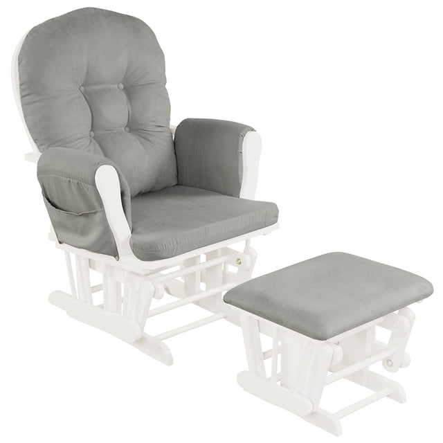 Patiojoy Chaise Berçante Chaise de Nurserie pour Bébé à Bascule avec Ottoman et Pochette de Rangement en Gris Pâle. la Chaise Présente un Cadre en Bois Massif, des Coussins en Tissu Microfibre Doux et des Accoudoirs Rembourrés avec des Poches de Rangement Détachables. Comprend un Ottoman Assorti pour un Confort Accru. Convient aux Garderies, aux Salons et aux Chambres.