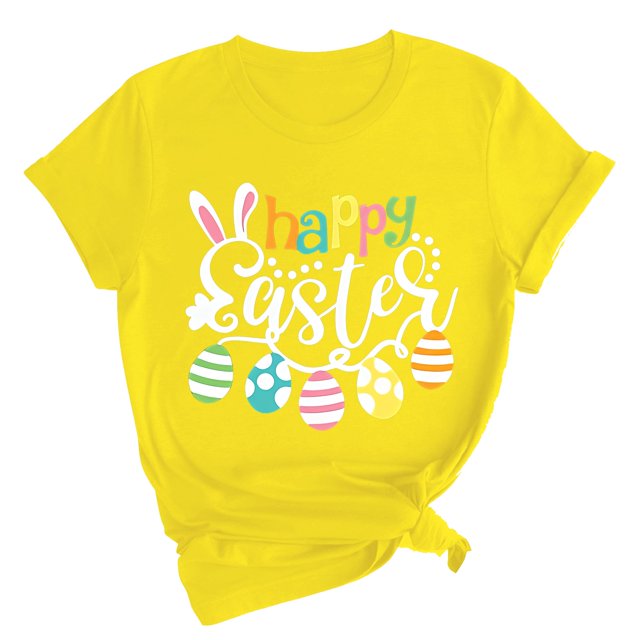Pxiakgy Liquidation! T-Shirts de Pâques pour Femmes T-Shirt Lapin Heureux Col Rond Tee-Shirt Graphique Œuf de Pâques Hauts Graphiques de Vacances Mode Col Rond Imprimé de Pâques Manches Courtes T-Shirt Jaune 3TG
