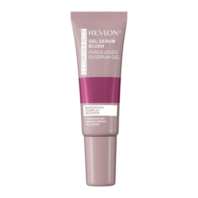 Revlon Illuminance™ Sérum Gel Blush en tube Compressible Mauve-Rose avec Texte Blanc, Présentant une Formule de Sérum Gel Légère avec Complexe Superalimentaire et Glycérine pour Hydratation et Fini Rosé, Offrant une Couleur de Joues Transparente et Repulpante avec un Éclat Sain.