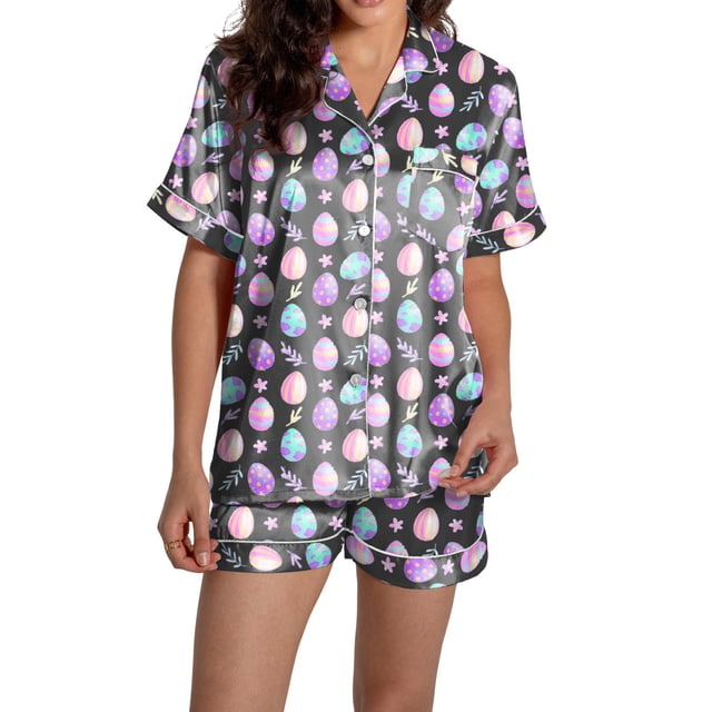 GDREDA Ensemble de Vêtements de Nuit Coupe Ample Ensemble de pyjamas pour Femmes Pâques Mignon Imprimé Chemise à Manches Courtes Boutonnée Ensemble de Pyjama Shorts pyjamas Femmes Ensembles de Pyjama pyjamas Noir,P