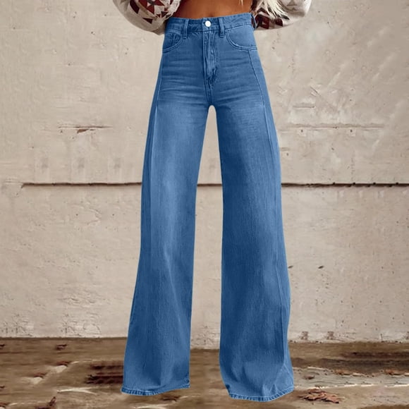 LOVZFMLL Women's Jeans, Casual Straight Leg Jeans with Button Pocket Pants Blue, M