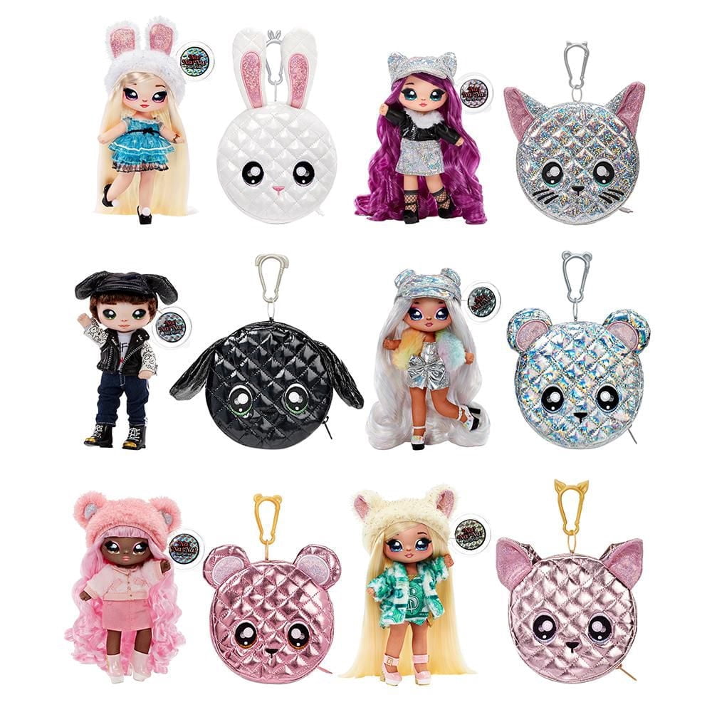 Poupée-mannequin Na Na Na Surprise 2 en 1 et sac à main métallique de la série Glam - Cali Grizzly, poupée aux cheveux roses avec un sac à main ourson rose