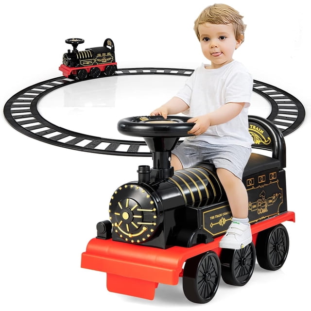 OLAKIDS Kids Ride On Train with Track, 6V Electric Toy with Lights and Sounds, Retractable Footrest, Under Seat Storage, Christmas Theme Battery Powered Gift for Toddlers Boys Girls