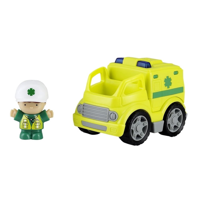 Kid Connection Mini Emergency Ambulance with Driver featuring a yellow plastic toy ambulance with gray wheels and blue emergency lights, alongside a green and yellow emergency medical technician figure wearing a white helmet with a green medical symbol, suitable for imaginative play and motor skills development, on a white background.
