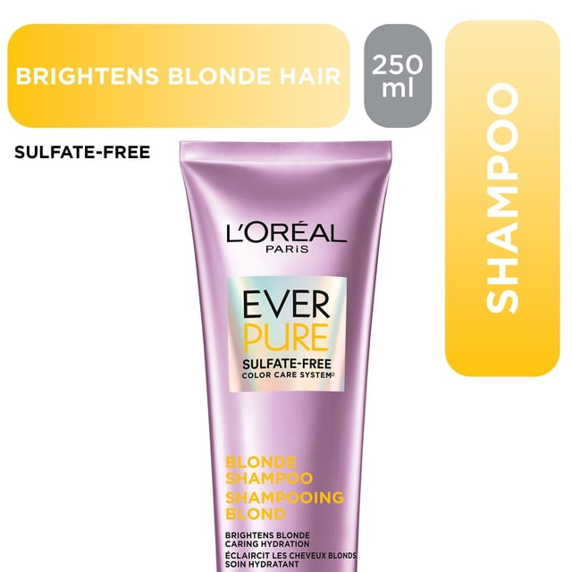 L'Oreal Paris Everpure Blonde Shampoo 250 ml lavender tube with sulfate-free formula that brightens blonde hair and provides caring hydration, designed to maintain dyed blonde hair color purity.