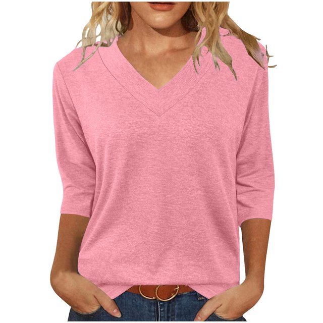 Amzcrzy Hauts pour Femmes Mode Manches 3/4 Hauts d'Été pour Femmes Couleur Unie Col Rond Hauts de Sortie Décontractés Confortables Hauts de Printemps T-Shirts