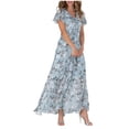 thumbnail image 1 of Robes pour Femmes Évasées Longues Robes Extensibles pour Femmes Robe en Chiffon à Fleurs Courte Robes Décontractées pour Femmes Manche à Volants Col en V Été Femmes Mode Décontractée Taille Robe Fluide pour Robes d'Été, 1 of 6