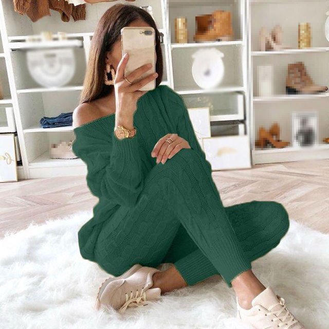 DPTALR Womens Solid Color Off Shoulder Long Sleeve Cable Knitted Warm Two-Piece Long Pants Sweater Suit Set