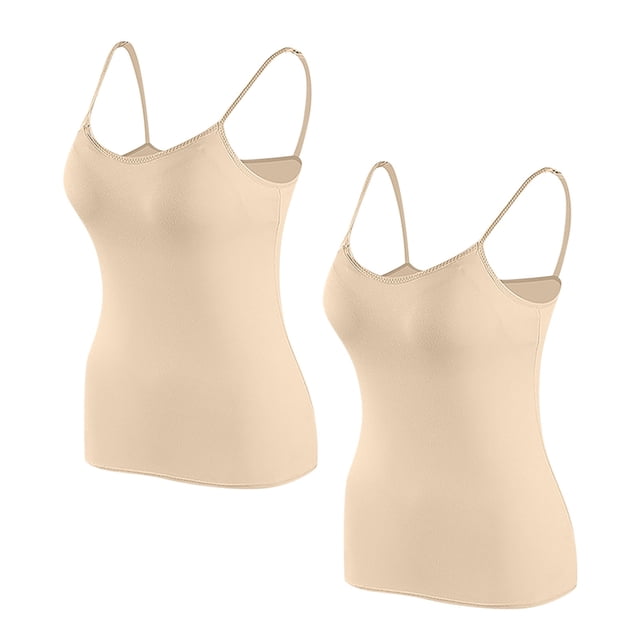 Timegard Camisoles pour Femmes 2 Pcs avec Soutien-Gorge Intégré Col Rond Bretelles Spaghetti Ajustées Douces Maillots de Corps Décontractés Hauts de Pyjama