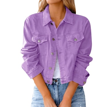 DondPO Jean Jacket Women Women's Basic Solid Color Button Down Denim Jacket Crop Jacket Coat Womens Jean Jacket Womens Denim Jacket Purple M Clearance!