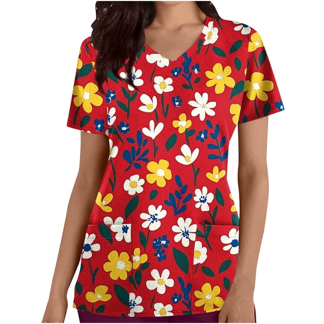 Pisexur Womens Scrub Tops Boasting Colorful Floral Prints Along With Short Sleeve Scrub Tops Suitable for Nursing Uniforms With Convenient Pockets