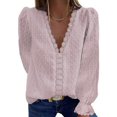 thumbnail image 1 of Chemisier Uni pour Femmes, Chemise en Chiffon à Col en V, Dentelle Brodée, Manches Longues, 1 of 5