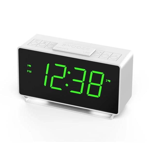 Digital Alarm Clock with Dual Alarms (7-5-2 Mode), Large 1.4" LED Display, USB-C & Battery Powered, Indoor Temperature (°C/°F), 4-Level Brightness, 2-Level Night Light - White