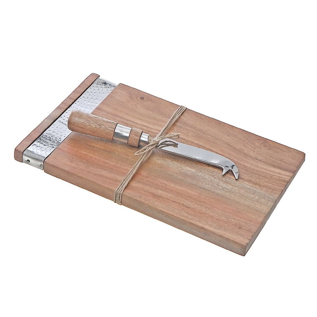 Acacia Wood Rectangle Cheese Board & Spreader featuring a smooth rectangular acacia wood board with a hammered metal accent on one end and a stainless steel cheese spreader with a wooden handle tied with natural twine, ideal for serving cheese, fruits, and charcuterie.