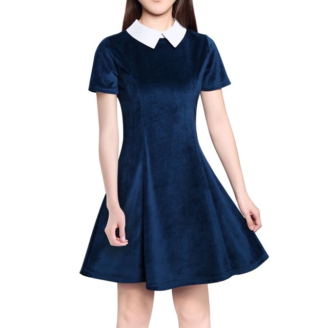 INSPIRE CHIC Robe Évasée au-Dessus du Genou à Manches Courtes avec Col Contrastant pour Femme TG Bleu