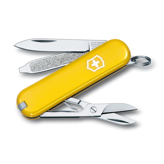 Victorinox Classic SD 7 Function Yellow Pocket Knife with a vibrant yellow handle. Features seven tools including a small blade, scissors, nail file with screwdriver, and a keyring. Compact and versatile for daily tasks or outdoor adventures.