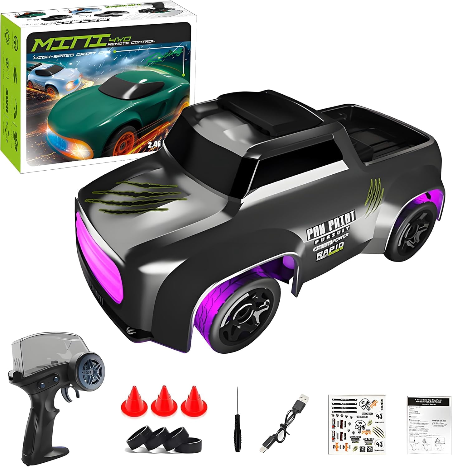 Desktop Mini RC Drift Car, 4WD High Speed 1/64 Scale Remote Control Car with Colors LED Lights, Mini Sport Race Cars for Adult