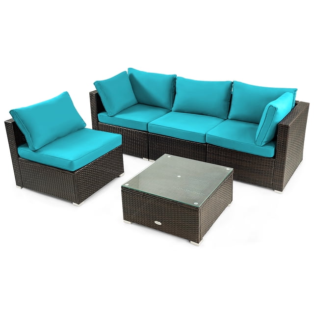 Patiojoy 5PCS Rattan Patio Furniture Set Cushioned Sofa Chair Coffee Table Set Easy Assemble Turquoise