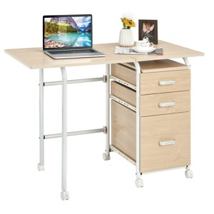Gymax Bureau d'ordinateur portable pliant à roues de bureau à domicile Meubles avec 3 Tiroirs