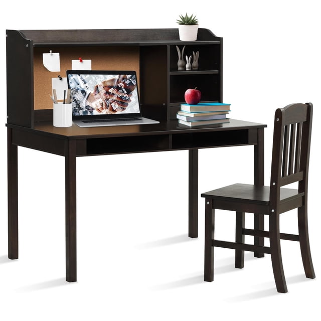 Giantex Kids Desk and Chair Set, Children Study Writing Desk w/Chair, Student Wooden Computer Workstation, Brown