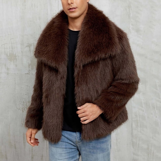 XZNGL Winter Faux Fur Coat for Men, Long Sleeve Turn-Down Collar