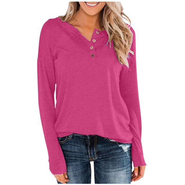 Timegard Womens Tops Long Sleeve Notched V-Neck Button Comfy Tee Fall Casual Loose Shirts Tops Blouse