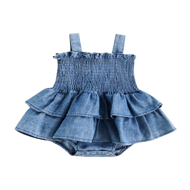 Baby Girl Romper Sleeveless Suspender Pleated Design Ruffle Hem Bottom Snap Button Cute Jumpsuit