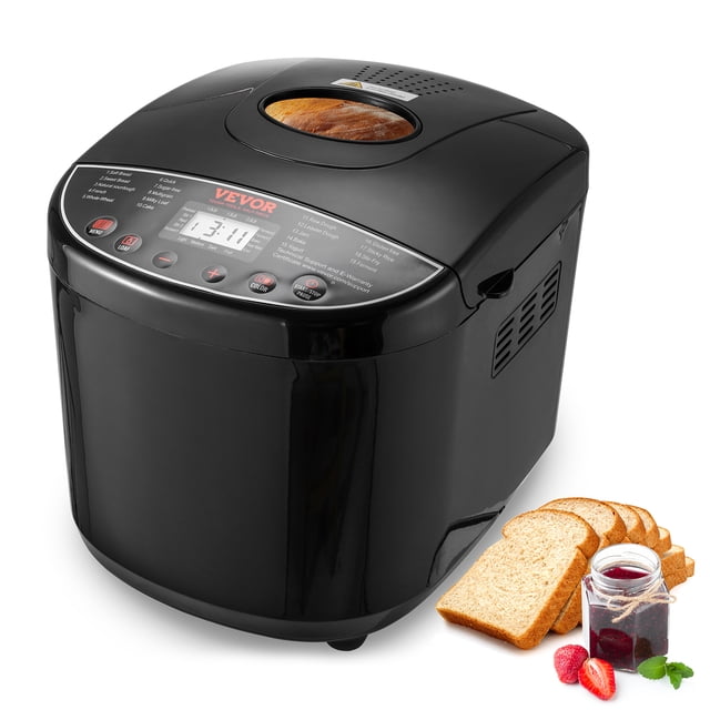 VEVOR Machine à Pain 2 Lb 19-en-1 Automatique Compacte avec Finition Noire, Panneau de Commande Numérique et Fenêtre d'Affichage Supérieure. Offre 19 options de menu, 3 Réglages de Couleur de Croûte et un pot Intérieur en Céramique de Qualité Alimentaire pour une Cuisson Sécuritaire. Idéal pour les Familles de Petite à Moyenne Taille. Pain Tranché et Confiture Sont Présentés au Premier Plan.