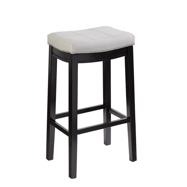Warren Grey Barstool with a black solid wood frame and grey faux leather padded seat featuring silver nail head trim and double needle stitching, 32.25-inch seat height ideal for kitchen, counter, or high-top table seating.