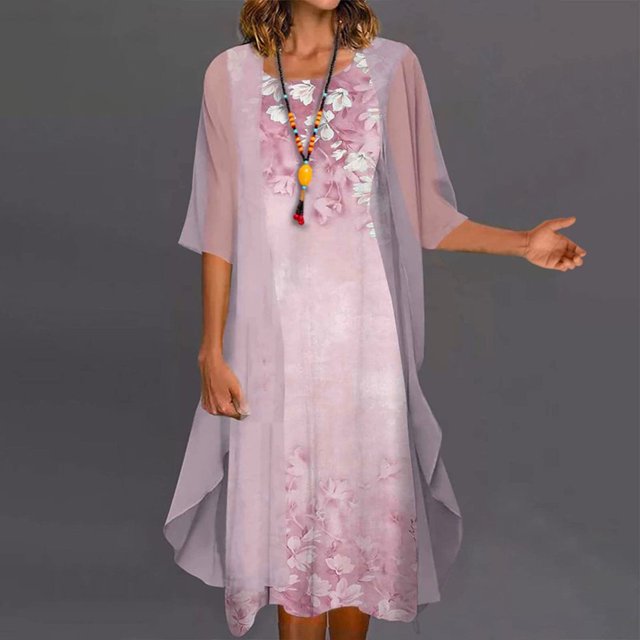 CHOK Ensemble Deux Pièces pour Femmes Robe Midi à Imprimé Floral avec Cardigan en Mousseline Sans Manches Grande Taille Robes d'Invitée de Mariage Robes de la Mère de la Mariée 2022