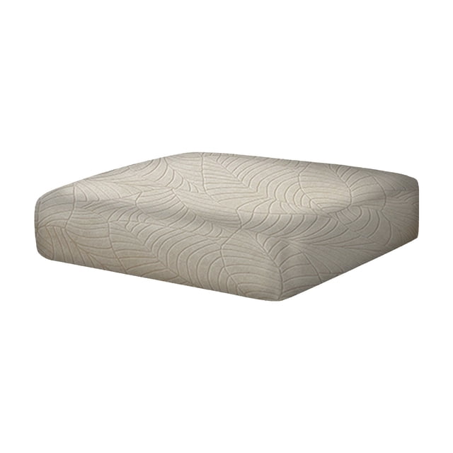 Pompotops Waterproof Cushion Sofa Seat Cover featuring a tightly wrapped design for protection and a plush fiber texture. The cover is shown in a neutral tone with a subtle leaf-like pattern, designed to fit various cushion sizes. Made from durable polyester fiber, it offers waterproof functionality and elastic belt reinforcement to prevent shifting. Ideal for living room use.