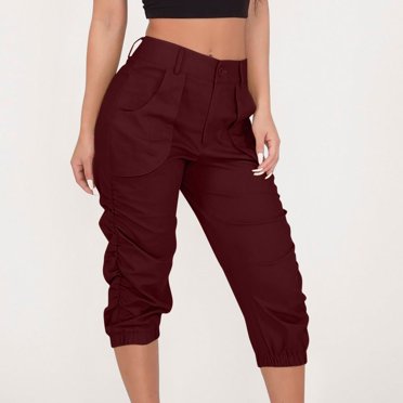 Fankiway Women'S Summer High Waisted Solid Color Casual Capris Cargo Pants with Pokets Womens Pants Clearance Womens Pants Wide Leg