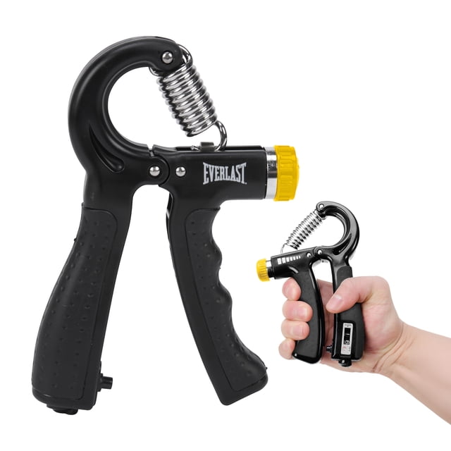 Everlast Adjustable Hand Grip with Counter with black rubberized handles, silver metal spring, and yellow resistance dial adjustable from 20 to 90 pounds, held in a hand showing the built-in repetition counter, designed to strengthen hands, wrists, and forearms during fitness training.