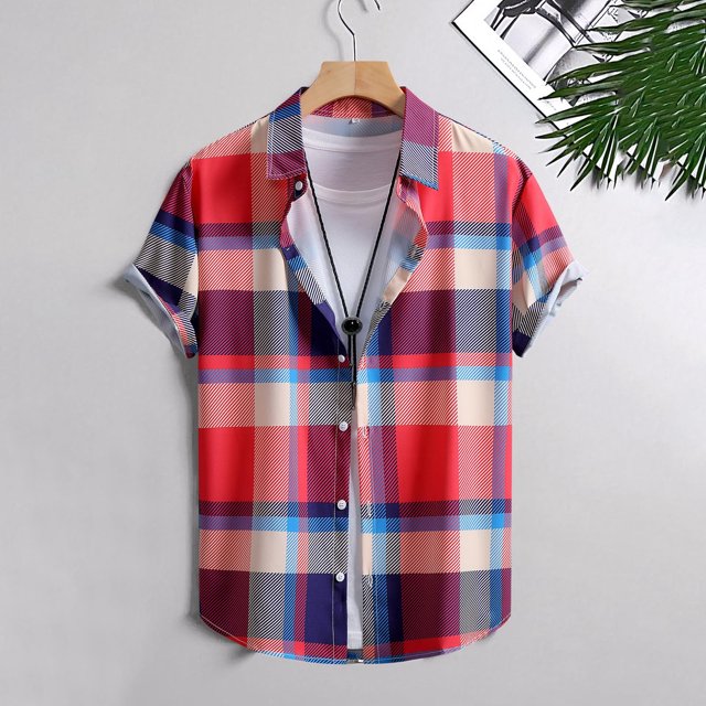 Weiqiqre Shirts for Men Color Block Striped Print Short Sleeve Button Up Casual Shirt