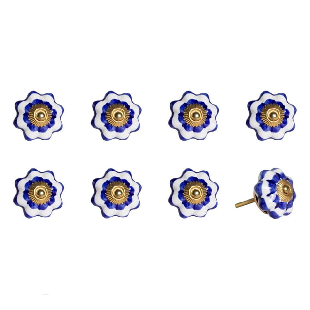 KNOB-IT vintage handpainted ceramic knobs 8 pack with scalloped flower shape in blue and white ceramic, featuring antique brass centre bolt and decorative ring, 1.5 inch diameter, ideal for cabinet and drawer hardware, also suitable for cupboard doors.