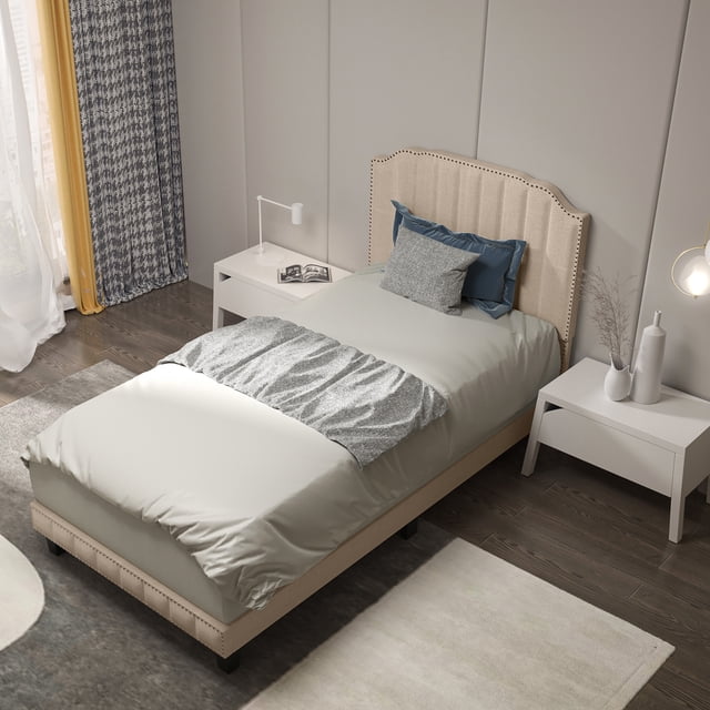 Gymax Twin Upholstered Bed Frame with linen fabric vertical lines Rivets headboard