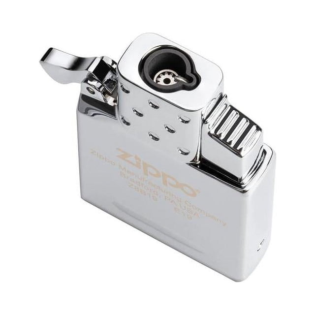 65826 Zippo Butane Pocket Lighter Insert - Single Torch, featuring a sleek metallic design with a push-button piezo ignition and adjustable blue flame. This refillable insert fits all regular Zippo lighter cases and retains the iconic Zippo 'click' sound. Designed for camping and outdoor use, it heats up to 2,300°F (1,260°C) and has a 0.9g fuel capacity. Suitable for adults and made in the USA.