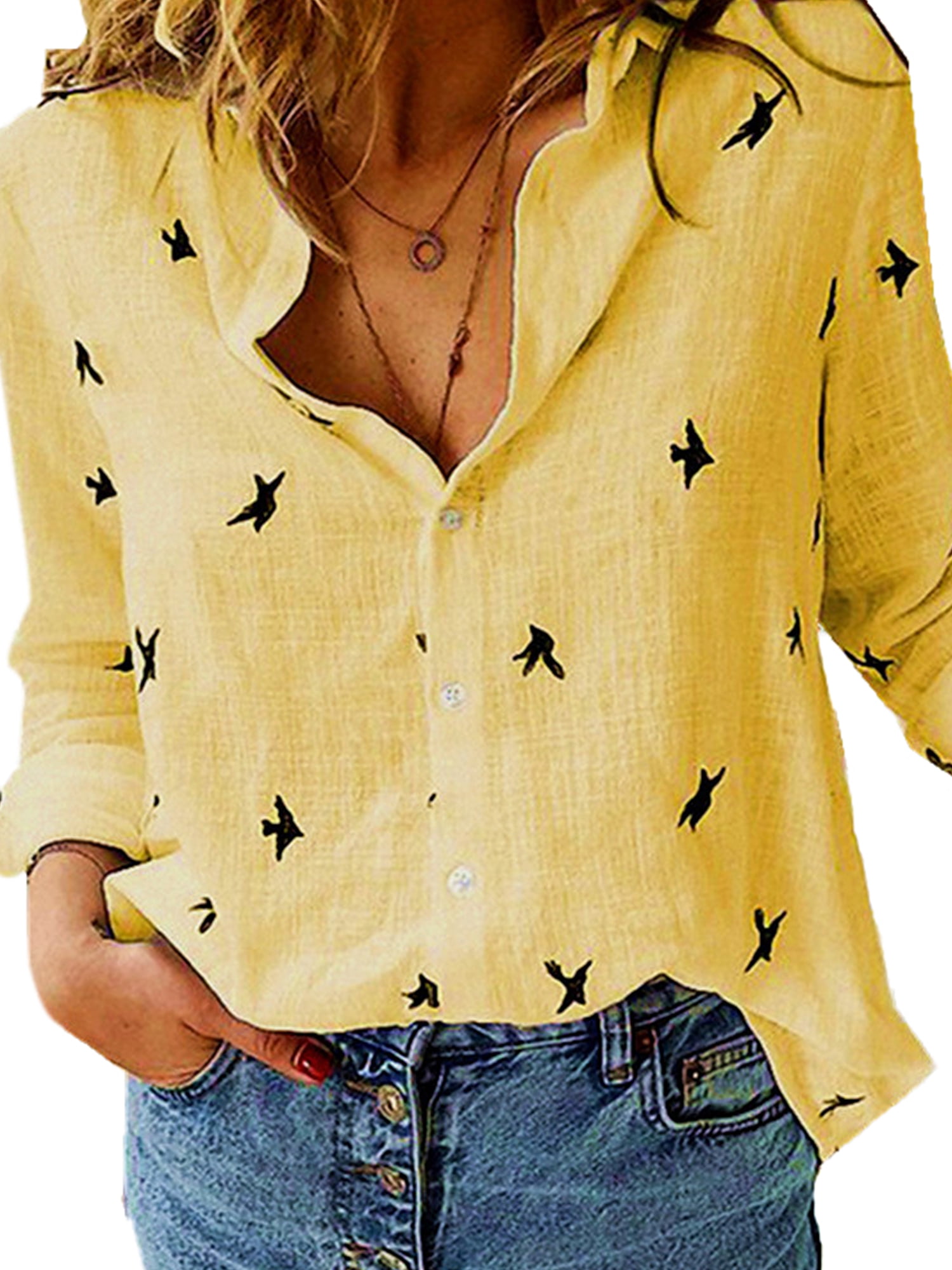 Innerwin Shirts Button Down Ladies Blouse Business Long Sleeve Loose Tops Yellow Black XL
