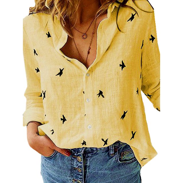 Innerwin Shirts Button Down Ladies Blouse Business Long Sleeve Loose Tops Yellow Black XL. A women's blouse with long sleeves, lapel neckline, and button-down closure, featuring yellow fabric with black bird prints. Made from 97% cotton and 3% spandex for comfort and breathability. Styled with blue denim jeans, suitable for work, casual outings, vacations, or business casual wear.