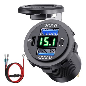12V USB Charge rapide double sortie avec voltmètre et interrupteur d'alimentation, multifonction USB Adaptateur chargeur pour camion maritime de voiture,1 x USB Adaptateur chargeur pour voiture 1 x Câble, noir