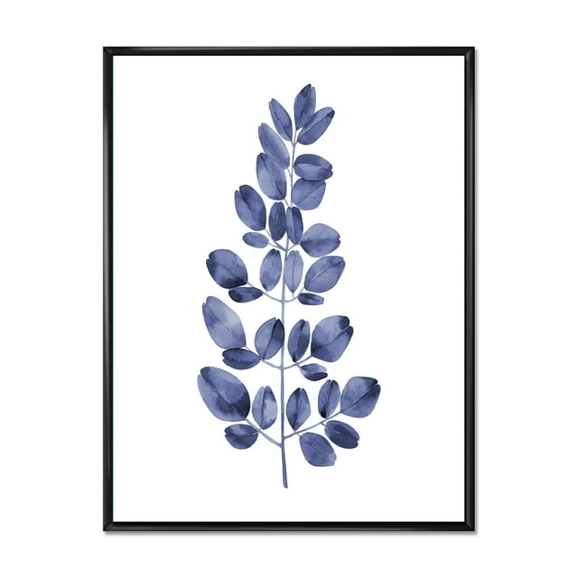 Designart Navy Blue Eucalyptus II FLOAT FRAME WALL ART depicting a navy blue eucalyptus branch on white premium cotton canvas, gallery-wrapped and stretched over a 1-inch black wood floating frame, arriving ready to hang and suitable for adding botanical style to home wall décor.