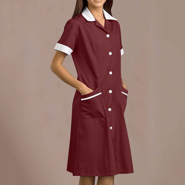 Tidyack,Limited Stock,Nurse Lapel Dress, Solid Color Work Dress, Pockets + Button Splicing, Midi Length, For Healthcare Staff, Professional Work Attire, Cotton Blend, Clean Cut, Daily Uniform