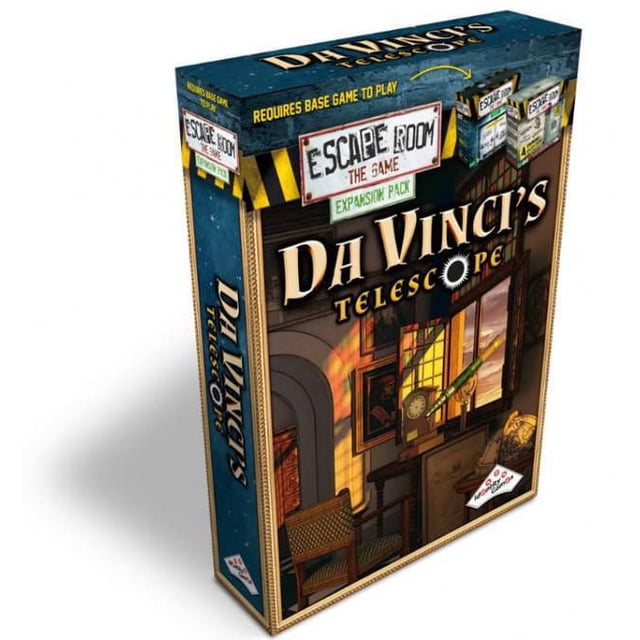 Identity Games Escape Room The Game Ensemble d'Extension : Boîte Télescope de Da Vinci Présentant une Oeuvre Multicolore d'Une Pièce avec un Télescope Près d'Une Fenêtre, une Chaise et des Croquis Encadrés, Conçu comme une Extension de Casse-Tête de Jeu de Cartes Familial Nécessitant le Jeu de base pour Jouer.